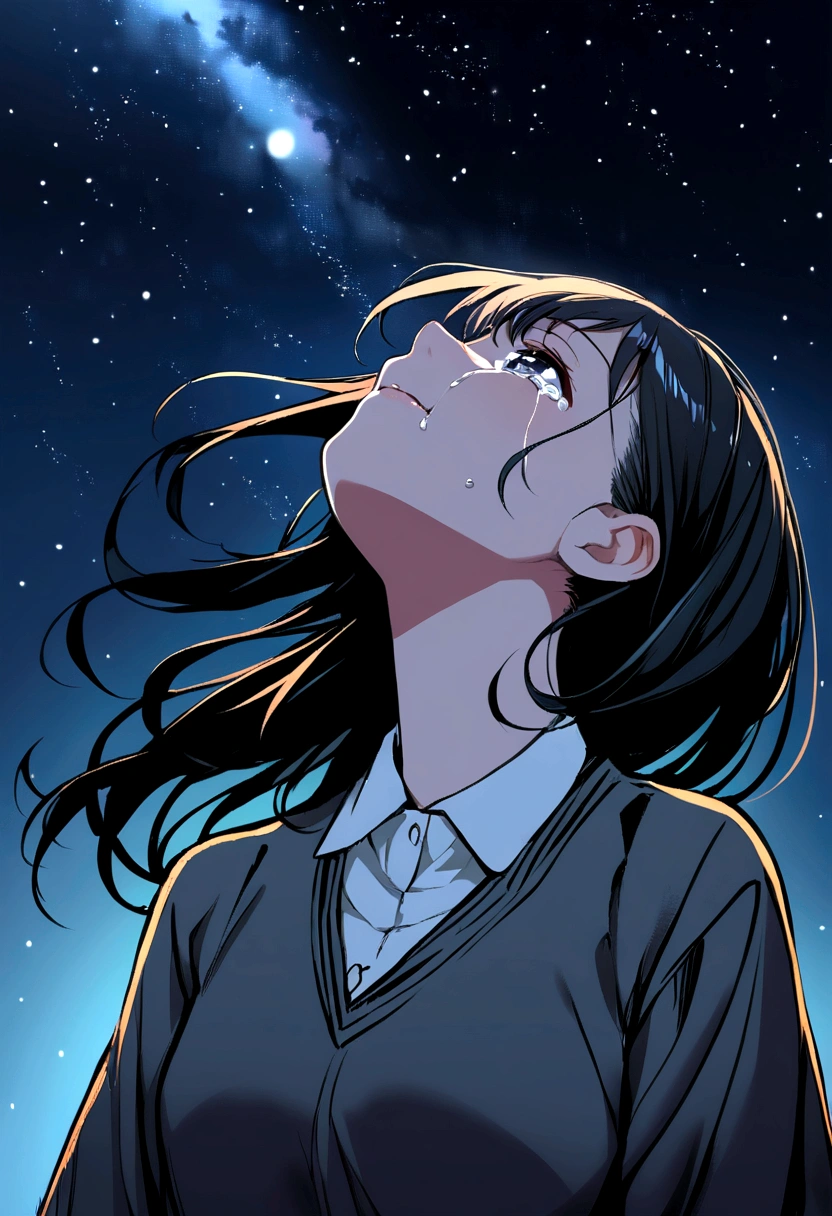 1girl, black hair, school attire, looking up at the night sky, crying