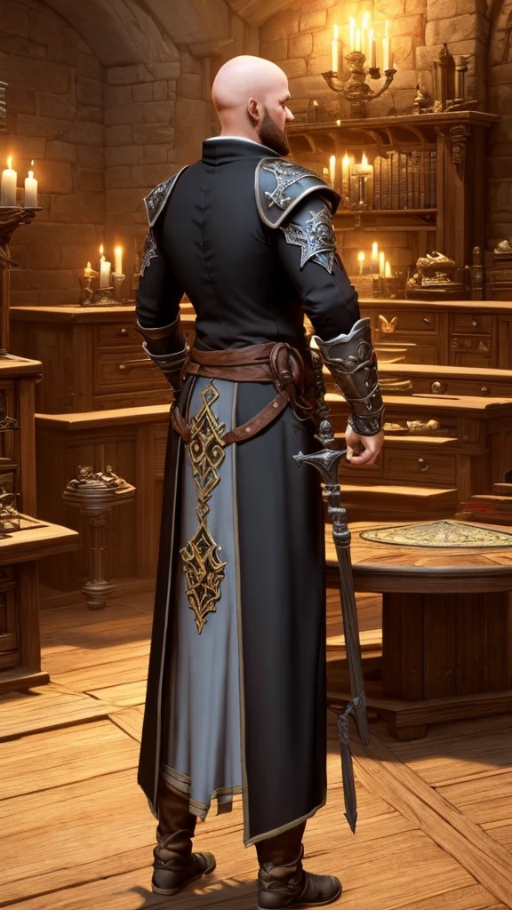 vmedieval fantasy character, RPG, mmo RPG, magician, black velvet cover with white interior and silver details, cartola de magician, dark-skinned, big fit ass e forte, baldie, of coccus, mystical runes emanndao magic, arcane grimoire, and magic staff, 30 year old appearance, short black beard, coulos, in an arcane library. medieval style with Victorian features, alchemy table in the background and scrolls scattered around, RPG fantisia medieval, etilo assassins creed, blacksad, big fit ass, Very strong