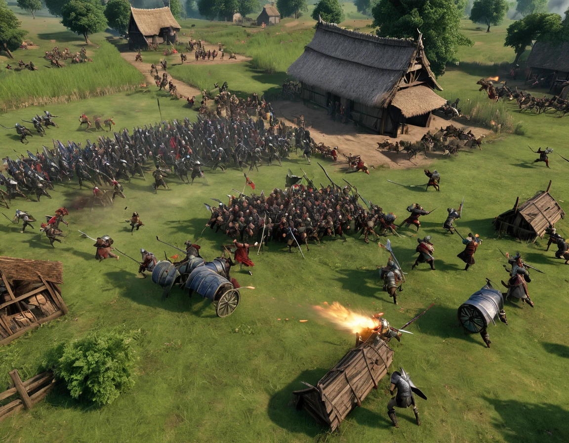 Battlefield, various creatures, massacre, war, medieval, humanoid creatures attacking villagers