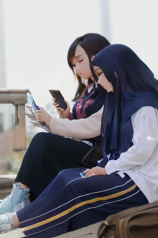 two girls sitting on a bench looking at a cell phone, checking her phone, student, checking her cell phone, playing, taken with canon 8 0 d, deep image, a picture, girls resting, taken with sony alpha 9, live, mobile, photo taken with nikon d750, photo taken with nikon d 7 5 0