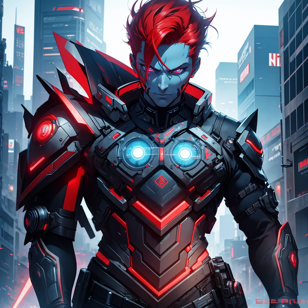 a futuristic cyberpunk man with red hair and blue eyes,1 man,detailed cyberpunk outfit,detailed facial features,detailed red hair,detailed blue eyes,cinematic lighting,dramatic camera angle,highly detailed,hyper realistic,unreal engine,8k, masterpiece