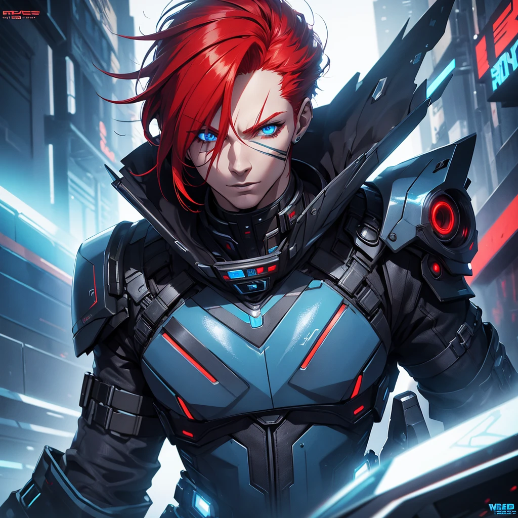 a futuristic cyberpunk man with red hair and blue eyes,1 man,detailed cyberpunk outfit,detailed facial features,detailed red hair,detailed blue eyes,cinematic lighting,dramatic camera angle,highly detailed,hyper realistic,unreal engine,8k, masterpiece
