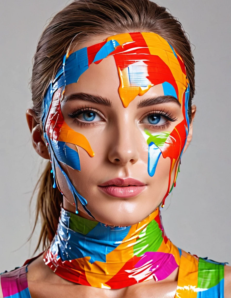 (absurd quality,high-res,masterpiece),(realism,photorealistic), ((a cute 1model:1.4 24yo) ,(the art of Duct Tape Style with many colors, luminous Duct Tape), ((screen with splashing fluid flowing down, fluid Duct Tape:1.4), extremely detailed:1.1), (((in a bright and colorful Duct Tape WORLD:1.22))), (anatomically correct)), slim face, beautiful cheekbones, ((slim-muscled body:1.24)), ((firm and full breasts)), (super detailed professional makeup on face:1.3), perfect composition, (pale skin), ((dry skin)), 