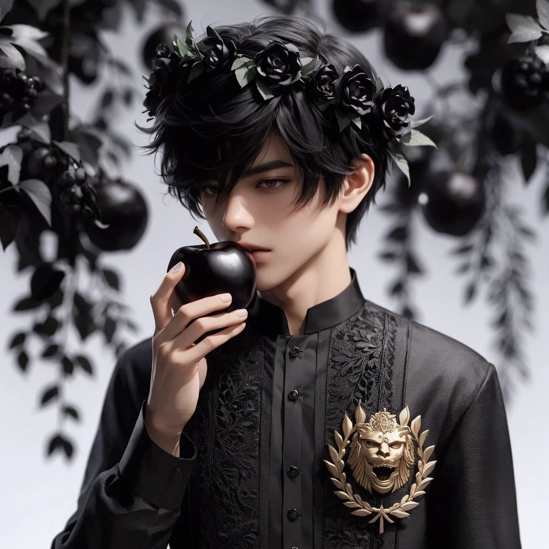 Handsome boy, black hair, brown eyes, wearing black barong tagalog, wearing black flower crown, holding black apple