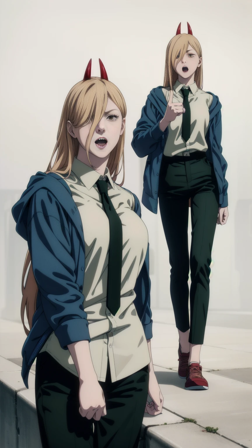 (Full body shot:1.3), White background, lower one's arms, Upright stance,ultra realistic 8k cg, masterpiece, (highly detailed, fine details), best quality, 1girl, (photorealistic:1.4),beautiful lighting, absurdres, RAW photo, film grain, csm anime style, 1girl, horns, solo, teeth, sharp teeth, open mouth, long hair, hair over one eye, demon horns, urban yellow eyes, hood, blonde hair, anime coloring, red horns, jacket, black pants, power (chainsawman), cross-shaped pupils, horns, white shirt, pants, collared shirt, black necktie, blue jacket, pointing finger,