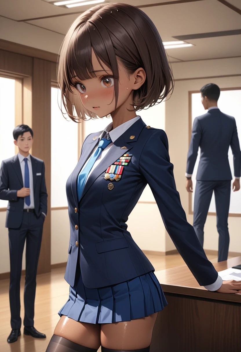 (masterpiece,Highest quality:1.3,best quality illustration),realistic,cowboy shot,1woman,30 year old Japanese beauty,Naval officer、((very small head:1.5)),short bob hair,brown hair,bangs,brown eyes,gorgeous eyes,shy,excited,((Dark blue blazer jacket、White Shirt、Blue tie、Navy blue mini skirt、black thighhighs))、navy uniform,small breasts,((very long body:1.4,tan skin:1.2)),(toned body,slender body,skinny),gleaming skin,shiny skin,sweat:1.2,standing,sitting,conference room、Naval Base、