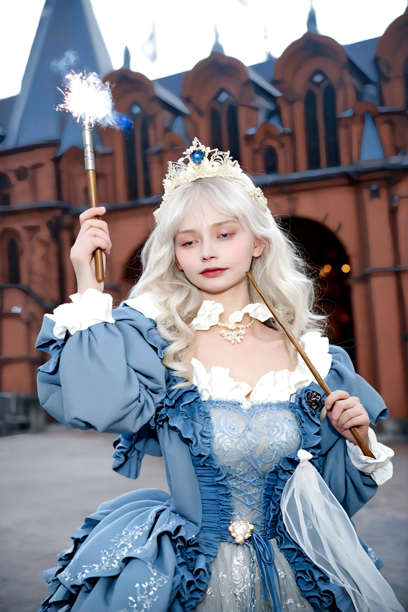 1girl, long hair, blonde hair, dress, holding, white hair, outdoors, frills, solo focus, blurry, blue dress, tiara, realistic, wand, holding wand