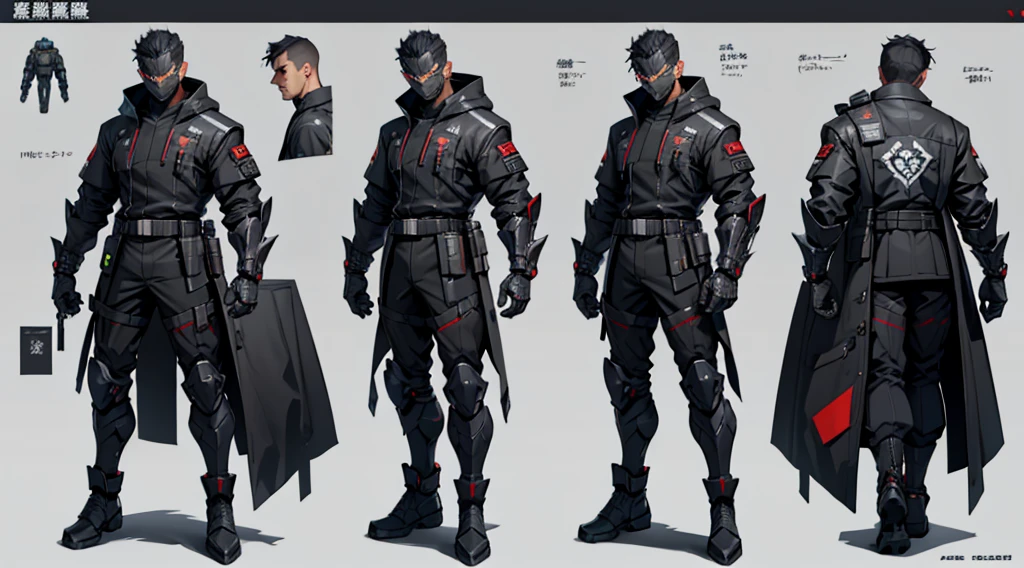 Character design sheet、male、Black combat uniform、Body Armor、Powered Suit、Full Face Mask、cyber punk