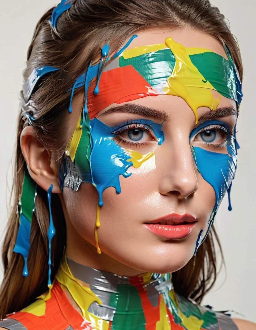 (absurd quality,high-res,masterpiece),(realism,photorealistic), ((a cute 1model:1.4 24yo) ,(the art of Duct Tape Style with many colors, luminous Duct Tape), ((screen with splashing fluid flowing down, fluid Duct Tape:1.4), extremely detailed:1.1), (((in a bright and colorful Duct Tape WORLD:1.22))), (anatomically correct)), slim face, beautiful cheekbones, ((slim-muscled body:1.24)), ((firm and full breasts)), (super detailed professional makeup on face:1.3), perfect composition, (pale skin), ((dry skin)),
