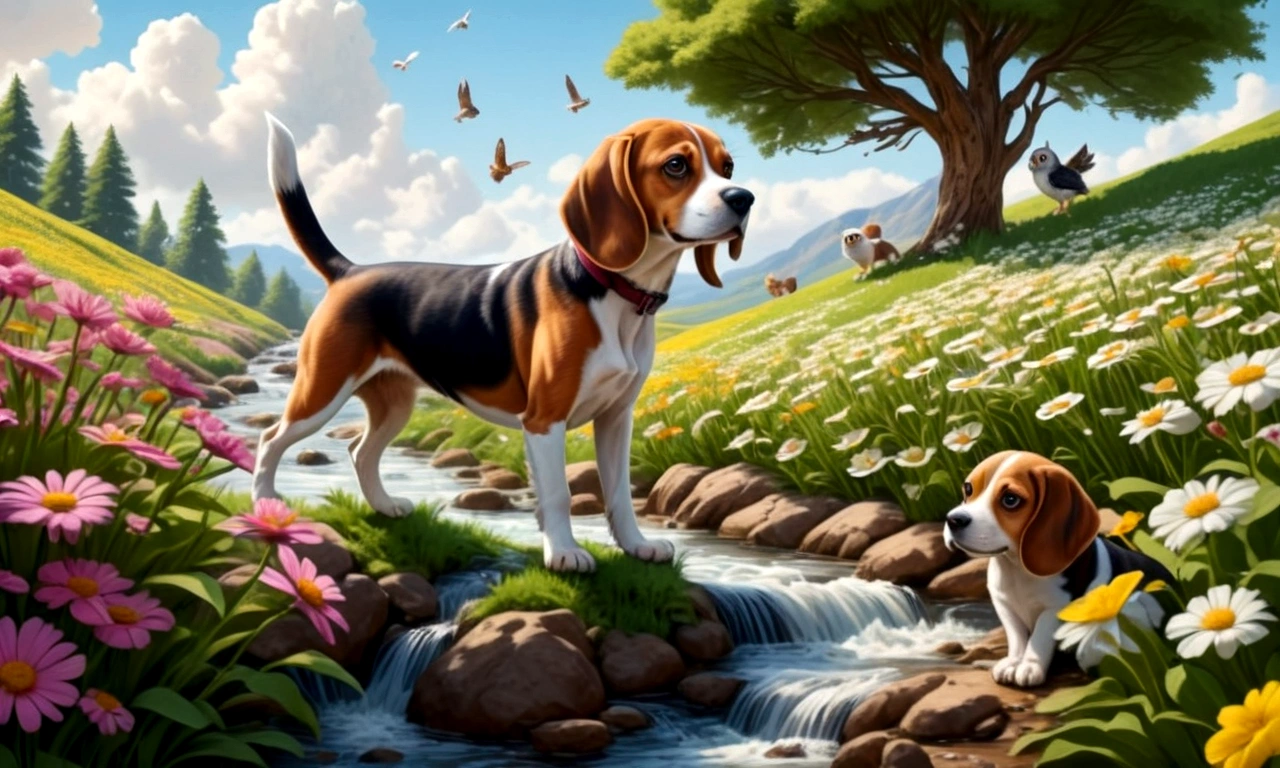 Create a scene of a beagle and a beagle crossing a stream, climbing a hill and walking through a flower field, accompanied by an owl in a tree and a rabbit in front.