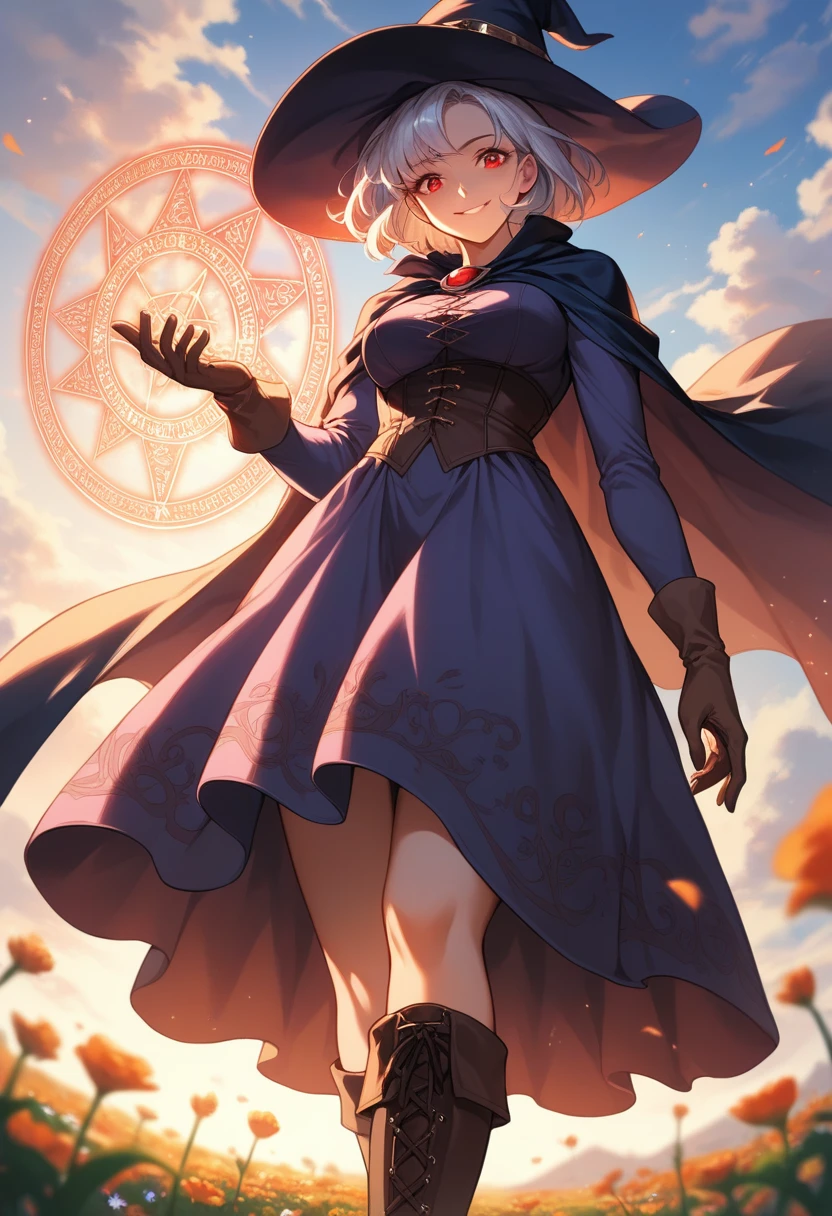 score_9, score_8_up, score_7_up,source_anime. Portrait image. Soft anime tones. Low angle view. Looking over shoulder. Beautiful 1woman. Mage. Magic circle. Flowing cloak, tunic, gloves, skirt, corset, boots. Highly detailed face, short hair, highly detailed red eyes. Curvy. Open field of flowers. Blurred background. Sunset. Natural light enhancing contours of her body... Sunrise. Sky is gradient blue and purple. Smile. . Clouds. Witch hat. Hand behind back