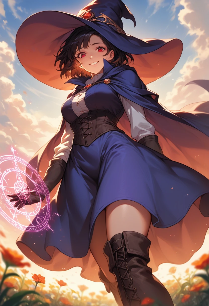 score_9, score_8_up, score_7_up,source_anime. Portrait image. Soft anime tones. Low angle view. Looking over shoulder. Beautiful 1woman. Mage. Magic circle. Flowing cloak, tunic, gloves, skirt, corset, boots. Highly detailed face, short hair, highly detailed red eyes. Curvy. Open field of flowers. Blurred background. Sunset. Natural light enhancing contours of her body... Sunrise. Sky is gradient blue and purple. Smile. . Clouds. Witch hat. Hand behind back