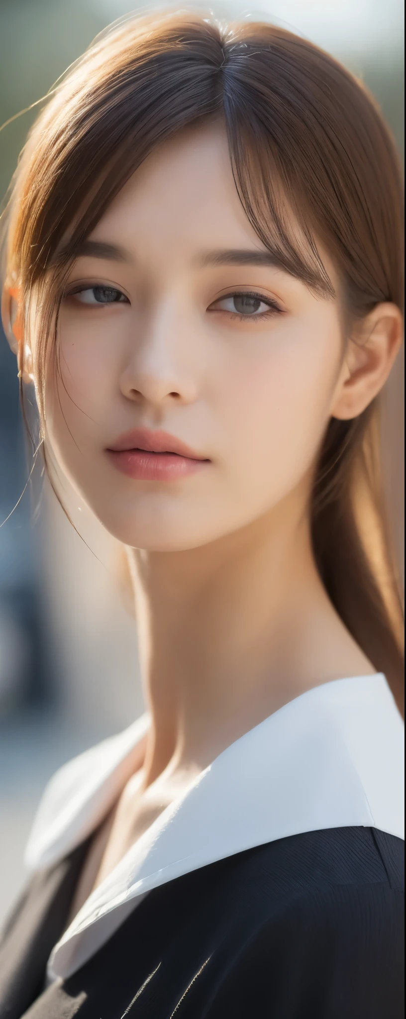 ((top-quality, 8K, masterpiece:1.3)), sharp focus:1.2, Beautiful Women in Perfect Style:1.4, Slender Abs:1.2, wearing sleeveless shirts wide pants, ((dark brown hair:1.2)), (natural soft light, City Street:1.1), Highly detailed facial and skin texture, A detailed eye, double eyelid, uniform, Female, 24 years old