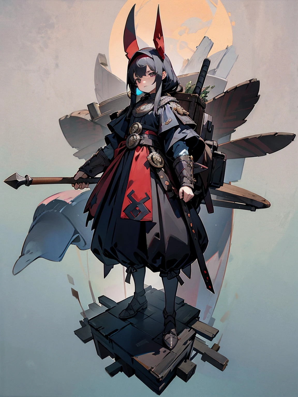 1 Girl，************，tiny body，black hair，Red eyes，Medieval merchant style dress，Adventurer Merchant，mystery，Carrying a huge backpack on his back，Weapons on the waist，whole body，Standing picture，multi-angle，Anime CG，Highest quality，Extremely detailed，Highest definition，8K，Full set of clothing，whole bodyStanding picture，Well-proportioned body，Medieval landscape，Normal proportions of the figure，***********