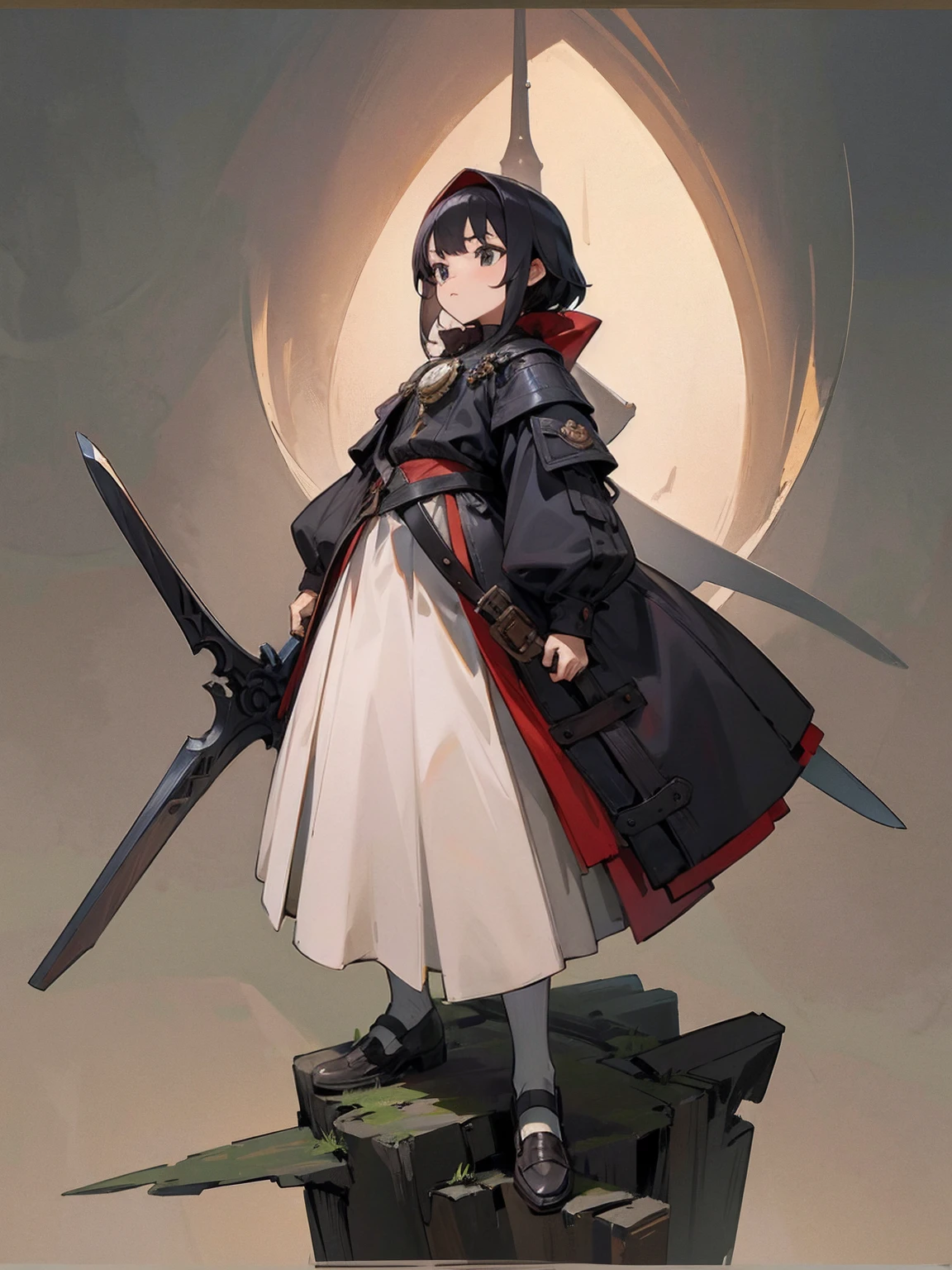 1 Girl，************，tiny body，black hair，Red eyes，Medieval merchant style dress，Adventurer Merchant，mystery，Carrying a huge backpack on his back，Weapons on the waist，whole body，Standing picture，multi-angle，Anime CG，Highest quality，Extremely detailed，Highest definition，8K，Full set of clothing，whole bodyStanding picture，Well-proportioned body，Medieval landscape，Normal proportions of the figure，***********