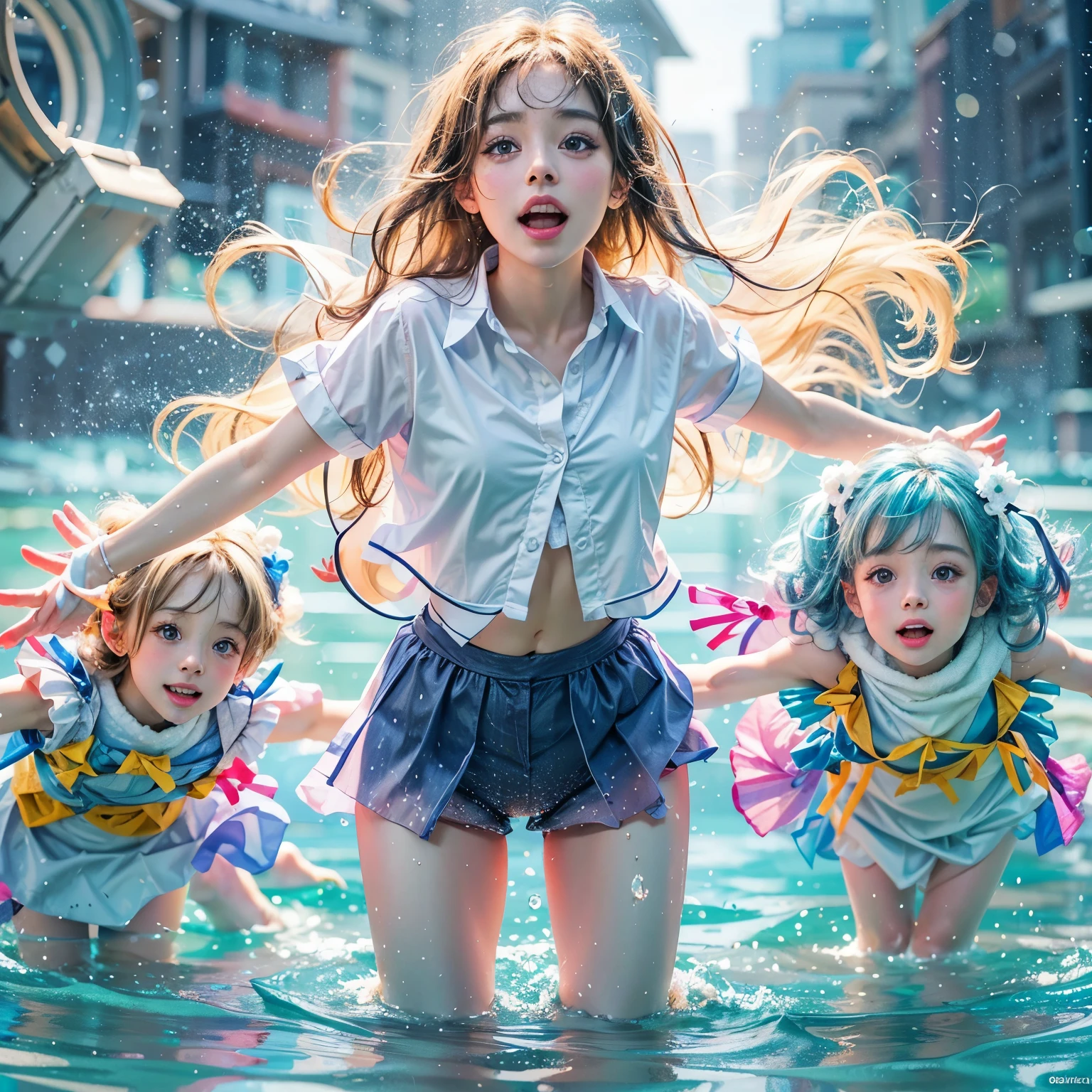 (8K TopQuality masterpiece: 1.2)(Realistic ProfessionalPhoto:1.37), VolumetricLighting. Tiny Girls, girl jumping into the water、Falling、splash water、shout、Luminous water surface、White and Bright colors, back lighting, Radiant PearlSkin, sparkling highlights, Detailed KAWAII face with cute lips, long eyelashes, Delicate clothes, Detailed open crotch