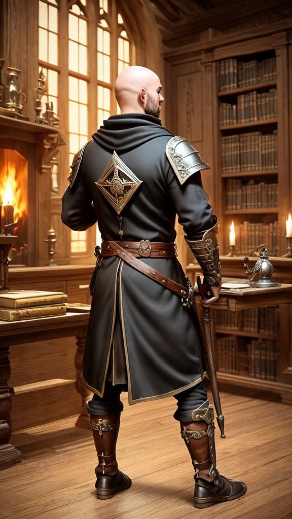 vmedieval fantasy character, RPG, mmo RPG, magician, black velvet cover with white interior and silver details, cartola de magician, dark-skinned, big fit ass e forte, baldie, of coccus, mystical runes emanndao magic, arcane grimoire, and magic staff, 30 year old appearance, short black beard, coulos, in an arcane library. medieval style with Victorian features, alchemy table in the background and scrolls scattered around, RPG fantisia medieval, blacksad, big fit ass, Very strong