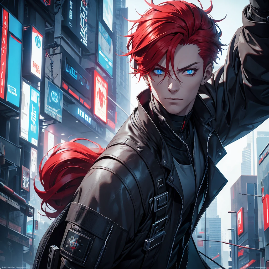 a futuristic cyberpunk man with red hair and blue eyes,1 man,detailed cyberpunk outfit,detailed facial features,detailed red hair,detailed blue eyes,cinematic lighting,dramatic camera angle,highly detailed,hyper realistic,unreal engine,8k, masterpiece