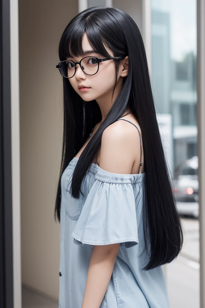 Girl with black and round glasses, with straight hair down to the shoulders without bangs, with dark blue hair tips