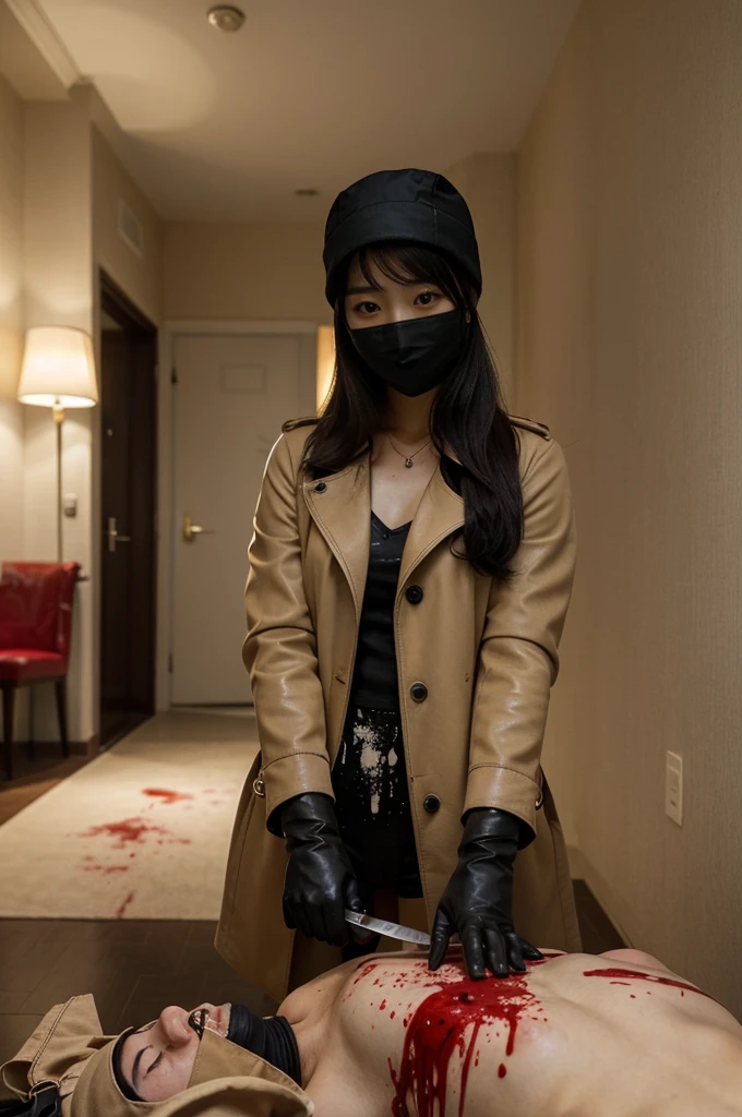 korean girl, (behind corpse, surgical mask), blood splatter, holding knife, stabbing, black leather gloves, room full of blood, beige trench coat, bucket hat, holding knife, black gloves, behind corpse, very long hair, night, mass murderer, robbery, in the hotel,
