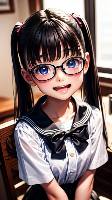 Highest quality,Photo quality,Ultra-high resolution,Professional Lighting,13 years old,Beautiful face like an actress、black eye、uniform、Twin tails、Open your mouth、cute、cute、cute、Glasses、whole body