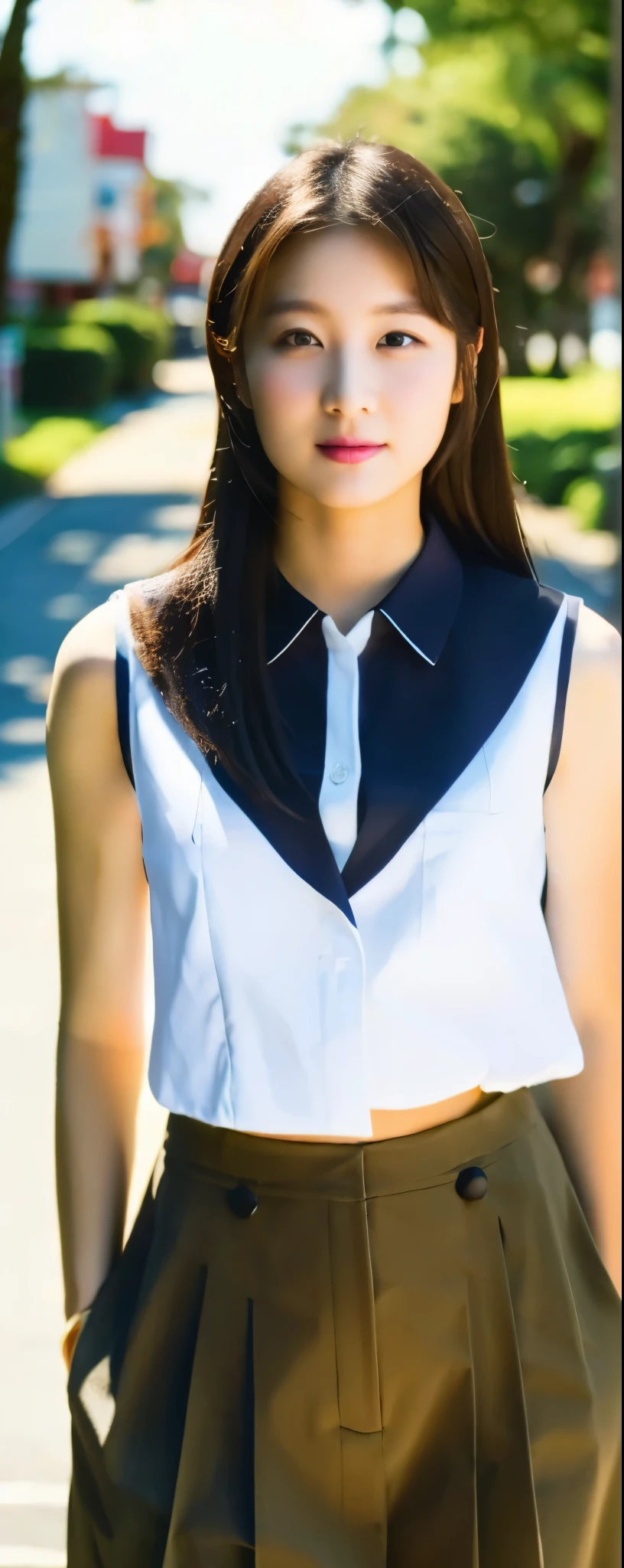 ((top-quality, 8K, masterpiece:1.3)), sharp focus:1.2, Beautiful Women in Perfect Style:1.4, Slender Abs:1.2, full body, wearing sleeveless shirts wide pants, ((dark brown hair:1.2)), (natural soft light, City Street:1.1), Highly detailed facial and skin texture, A detailed eye, double eyelid, uniform, Female, 24 years old