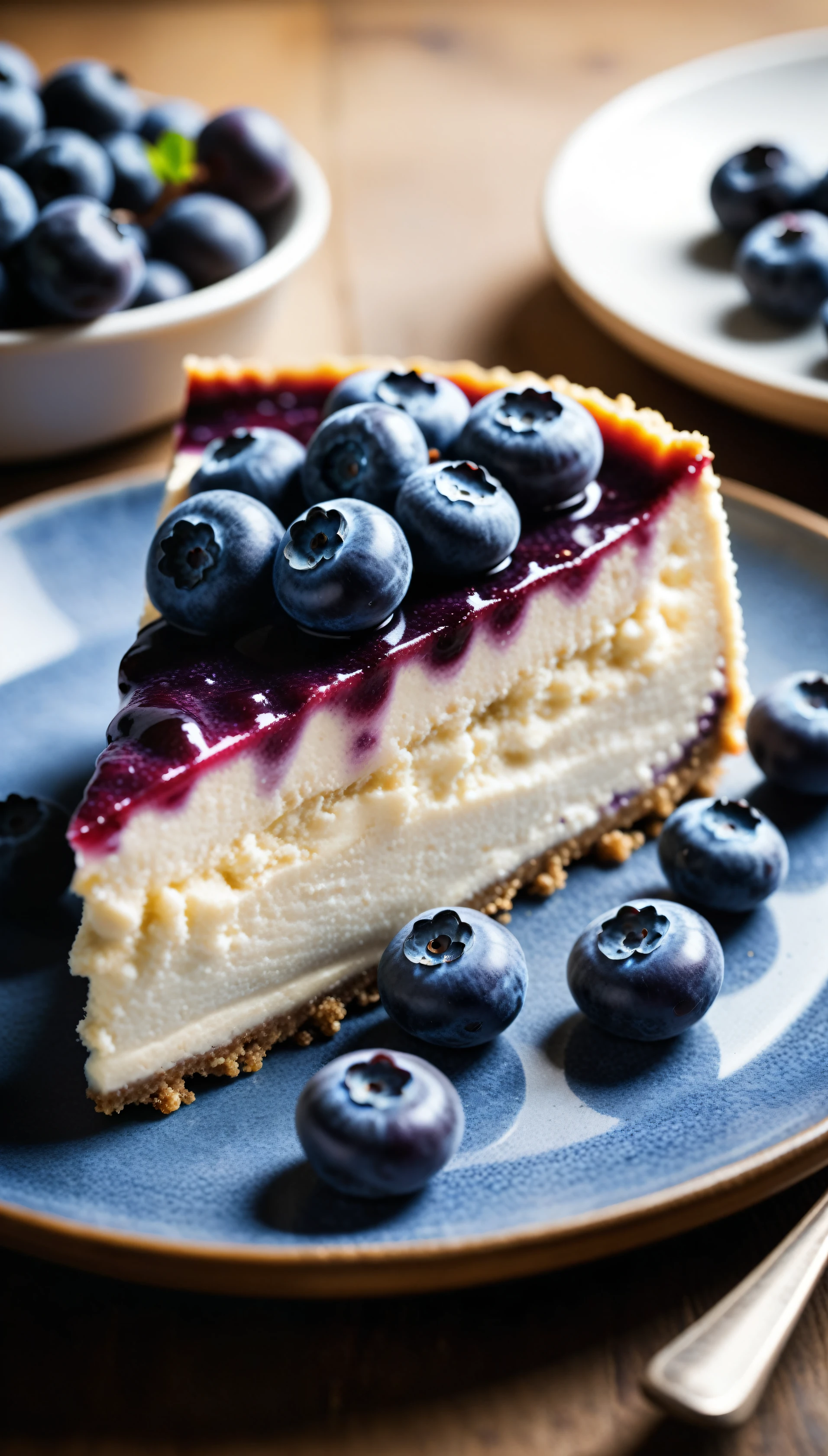 Documentary RAW Photography,a Blueberry Cheesecake, highlighting its exquisite, lacy texture and impeccable balance. The composition should evoke an irresistible urge to taste, with every detail crafted to inspire both amateur and seasoned cooks, (sharpness in detail:1.1), masterpiece, 35mm photograph, (iconic photograph:1.4), (visual storytelling:1.2), film grain, award winning photography,vibrant use of light and shadow, high quality textures of materials, volumetric textures  perfect composition, dynamic play of light, rich colors, epic shot, perfectly quality, natural textures,high detail, photoshadow, (natural colors, correct white balance, color correction, dehaze),(intricate detailed), 8k
