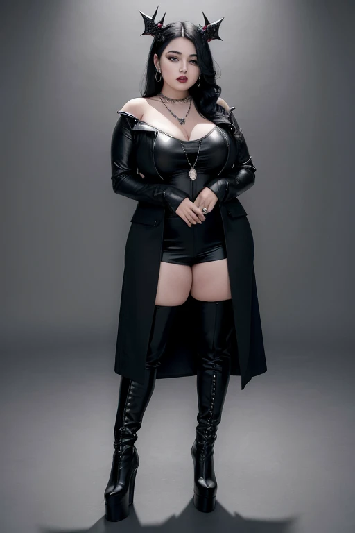 A slightly chubby woman, goth with half black hair
, necklace with thorns, black makeup, high platform boot, woman drawing woman standing. all black clothes