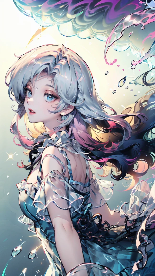 Human, ca. 20 yrs, (1 female), (light pink hair:1.0, fluffy hair;1.0, long hair:1.0, half up:1. 5 ), (image of Pisces, sea, water surface), (light blue and light purple eyes:1.0, (( gradient eyes:1.5)), round eyes, droopy eyes, droopy eyebrows), (light blue Lolita dress:1.5drapes and frills with water surface pattern:1 .0, )nautical cross-strap pinwheels), smile