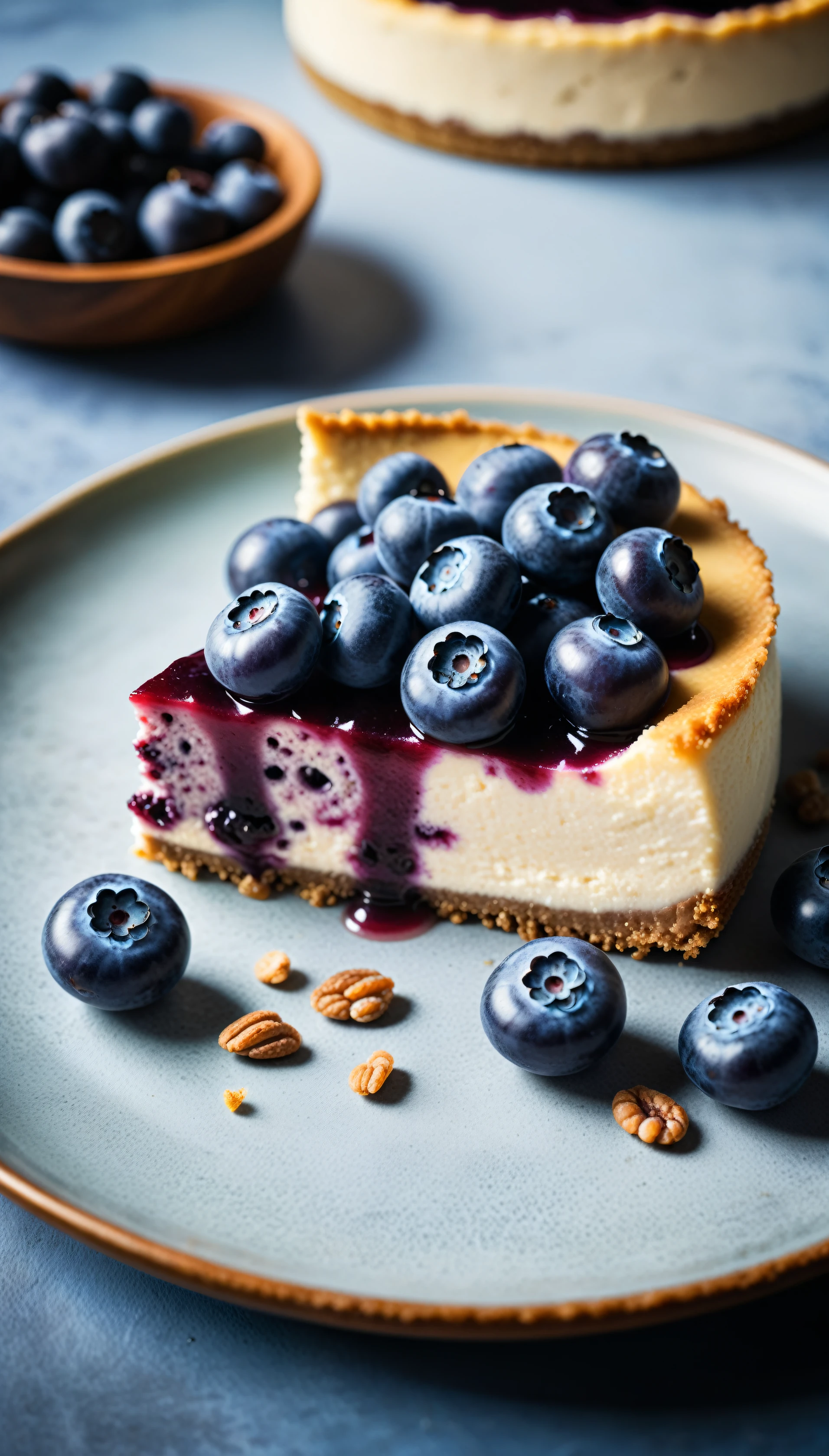 Documentary RAW Photography,a Blueberry Cheesecake, highlighting its exquisite, lacy texture and impeccable balance. The composition should evoke an irresistible urge to taste, with every detail crafted to inspire both amateur and seasoned cooks, (sharpness in detail:1.1), masterpiece, 35mm photograph, (iconic photograph:1.4), (visual storytelling:1.2), film grain, award winning photography,vibrant use of light and shadow, high quality textures of materials, volumetric textures perfect composition, dynamic play of light, rich colors, epic shot, perfectly quality, natural textures,high detail, photoshadow, (natural colors, correct white balance, color correction, dehaze),(intricate detailed), 8k