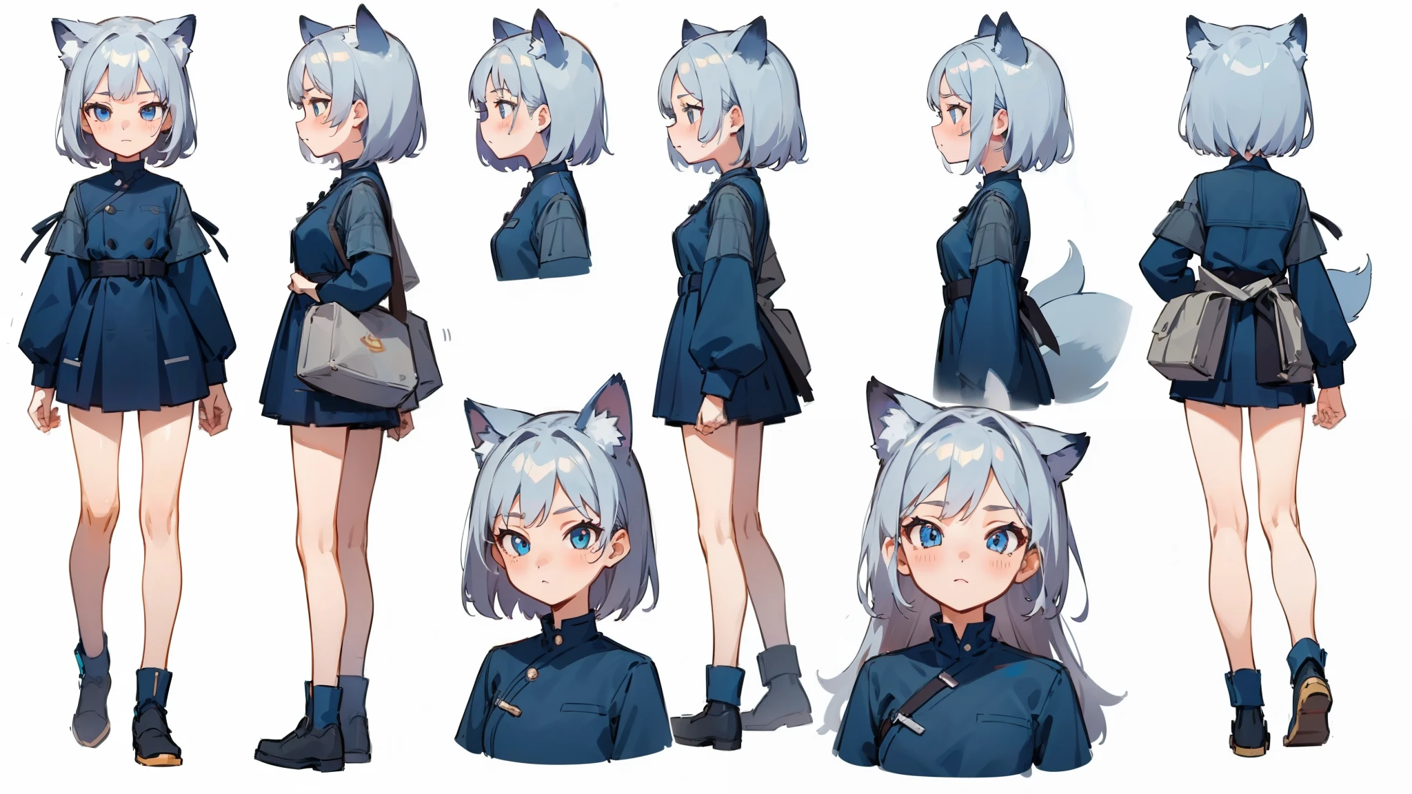 ((masterpiece, Highest quality)), ((tsurime)),Detailed face, Character Sheet, Full Body Lesbian, One girl,show,Full of details, Various poses and expressions, Very detailed, depth, A graceful wild fox girl with mostly silver hair, Sparkling eyes, Delicate skin, 青い髪のYouTuberCharacter Sheet, whole body, sexy