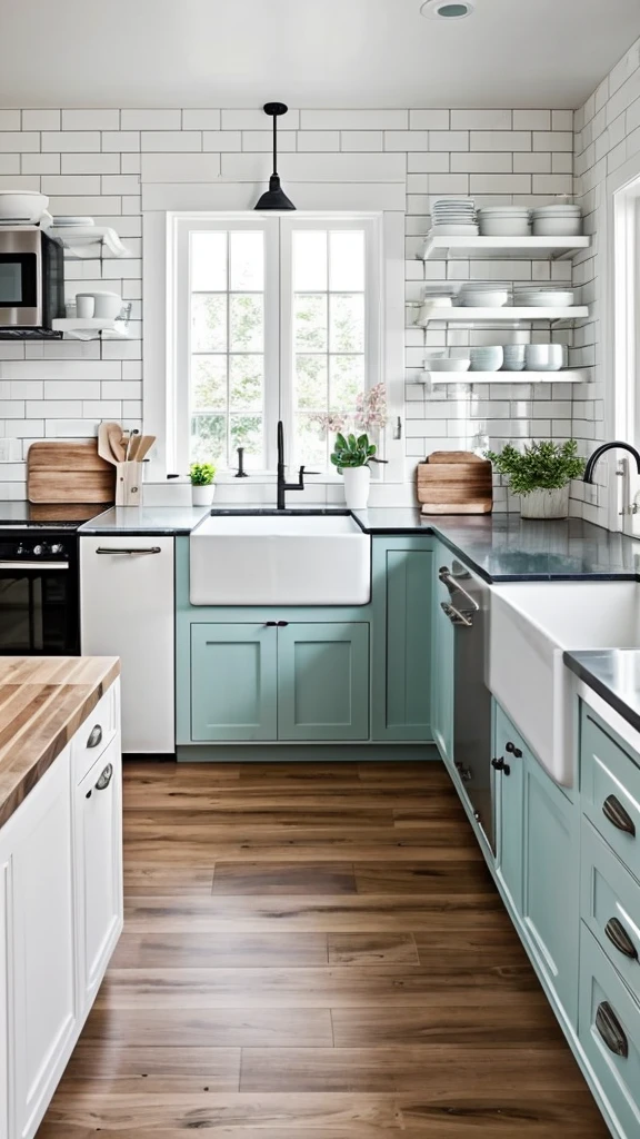 Generate a Scandinavian-style kitchen with light wood cabinets, white subway tile backsplash, and matte black fixtures. Include a large farmhouse sink, open shelving, and a cozy breakfast nook. The countertops should be white quartz, and the color scheme should include soft pastels like light blue, mint green, and blush pink. Ensure the entire image depicts a single, cohesive kitchen without being divided into multiple sections.