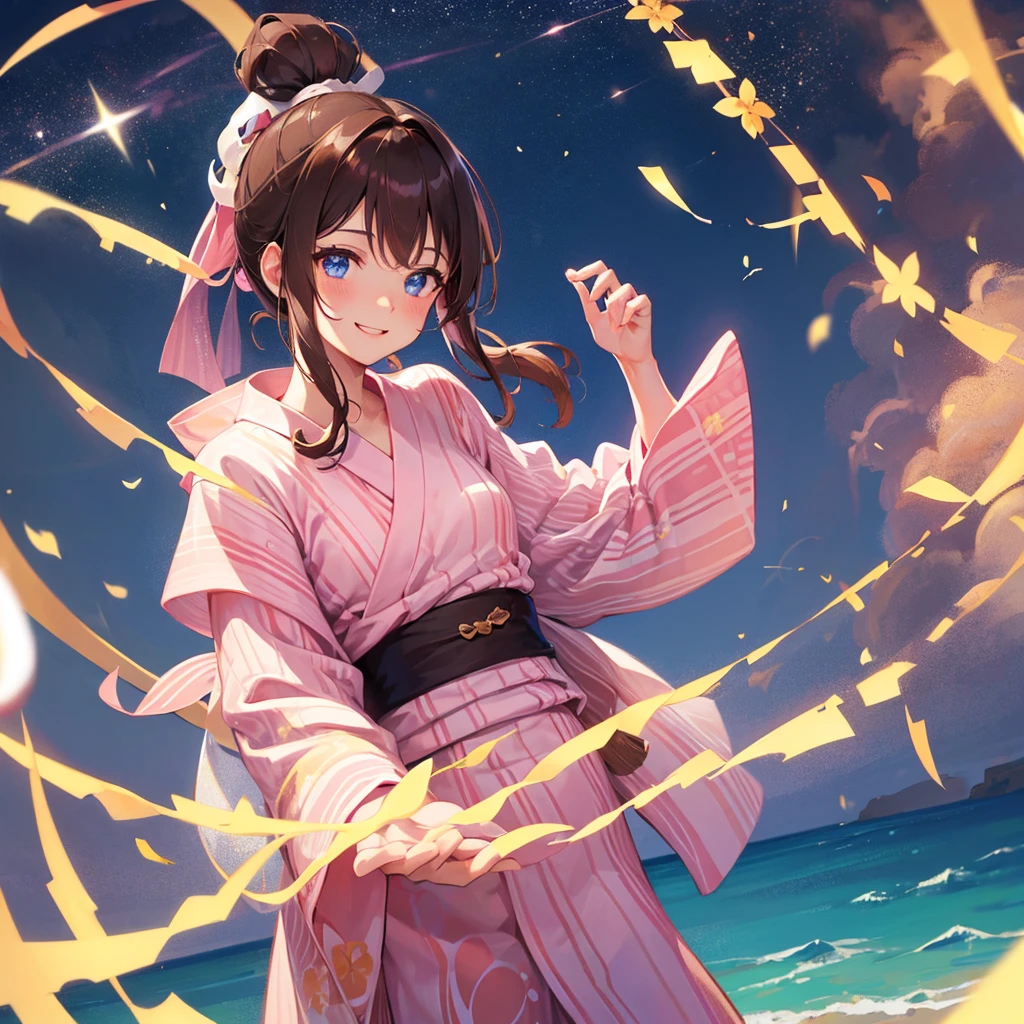 high resolution, alone, 1 female, Medium Hair, Brown Hair, Pink highlights on the tip,Smile Facial,Tanabata,milky way,yukata,Brown Hair,ponytail,blue eyes