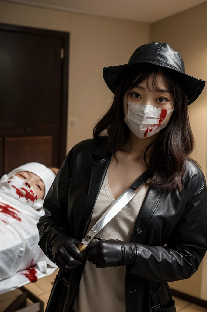 korean girl, (behind corpse, surgical mask), holding knife, stabbing, black leather gloves, room full of blood, black trench coat, bucket hat, holding knife, black gloves, behind corpse, blood splatter, very long hair, night, mass murderer, robbery, in the hotel,
