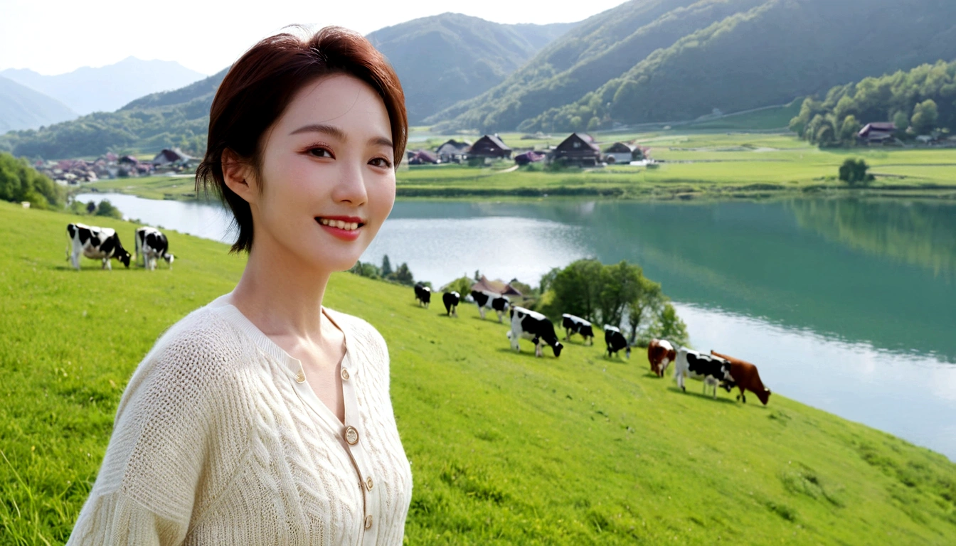 8k best picture quality, Beautiful 36-year-old Korean woman, I have good skin and clear and pretty eyes.. Chest size 34 inches, swiss countryside village, The back background is realistic and vivid image quality, Short and medium hair blowing in the wind, Wearing high-end luxury knitwear. casual pants, Smile, Short and slim Korean woman, stand far away, Photo taken with a wide-angle lens, cows graze grass, A clear lake can be seen slightly in the distance.