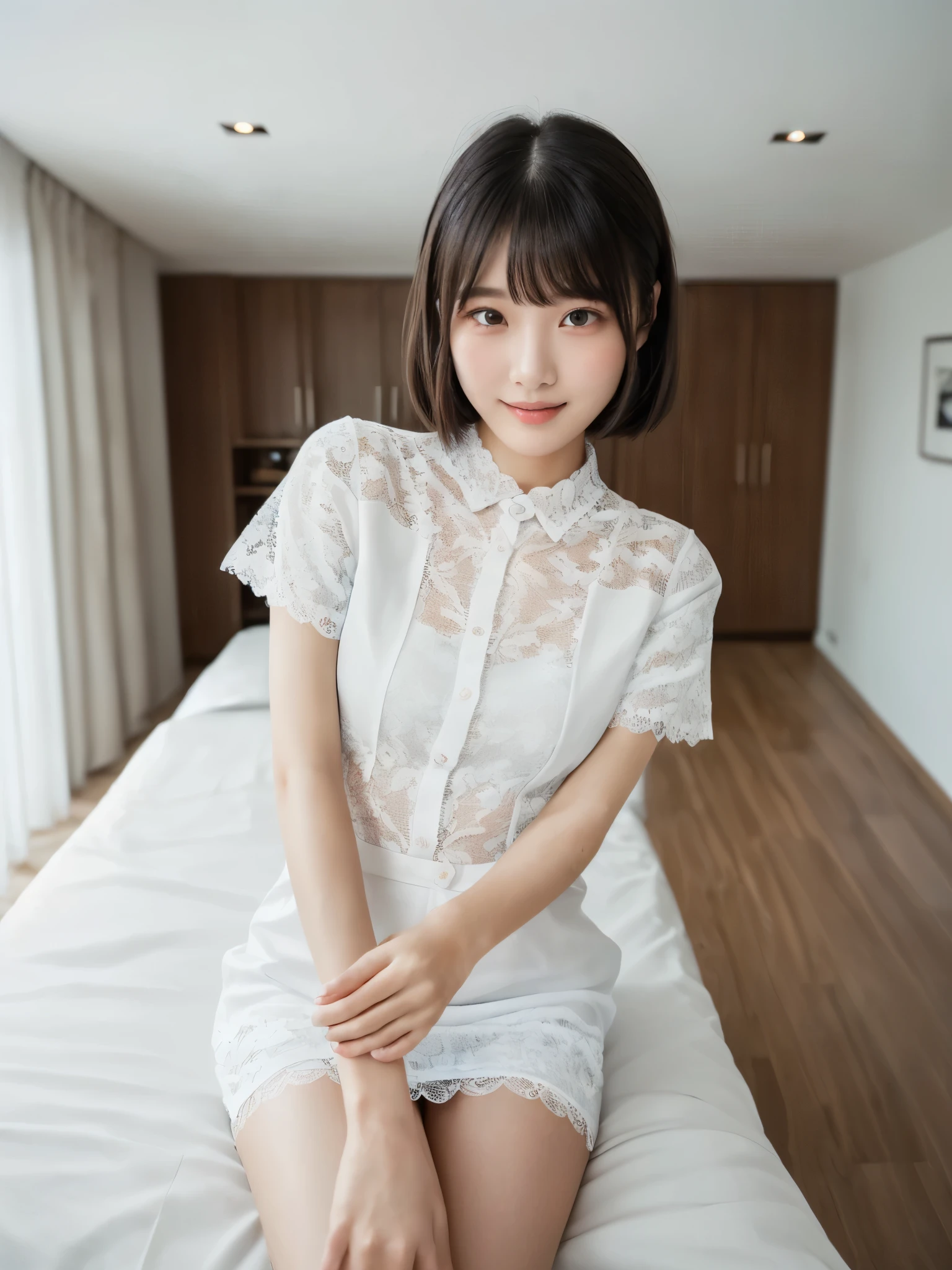 (Highest quality:1.9)、(High resolution)、Live-action image quality、((19 year old female university student、1 person))、Soft lighting by a professional photographer、Natural light、((Very spacious white luxurious room:1.6))、((Bright white room:1.6))、(Standing in front of a very luxurious white bed:1.2)、(White bookshelf background:1.1)、Natural soft light、((Black Hair Color:1.1))、Fair skin、Detailed Eyes、double eyelid、Slightly puffy cheeks、((Small Face:1.0))、((White lace short sleeve shirt、Please wear it with the chest open.:1.7))、((White checked skirt:1.2))、(Cute Smile)、((Girly pose 1.8))、((Straight medium-long hair:1.1))、((Full Body Shot:1.2))、((Height: 145cm))、Hands in front、Hold hands between legs、bangs、