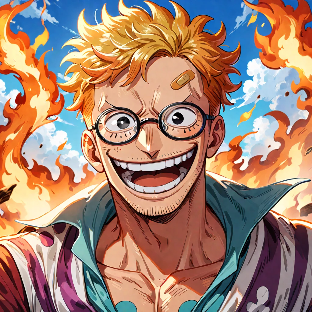 1boy, Marco from one piece, male focus, solo, glasses, facial hair, stubble, smile, open mouth, shirt, bandaid, orange hair, blonde hair, :d, short hair, black eyes, looking at viewer, fire, portrait, sky, teeth, ((medium quality)), ((medium quality))