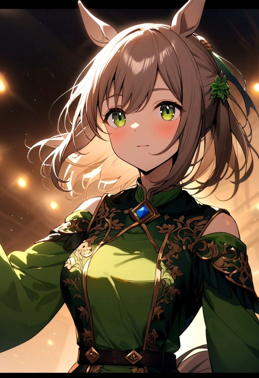 (((Horse Girl))), (((Fine Motion))), High resolution, Green embroidered clothing,