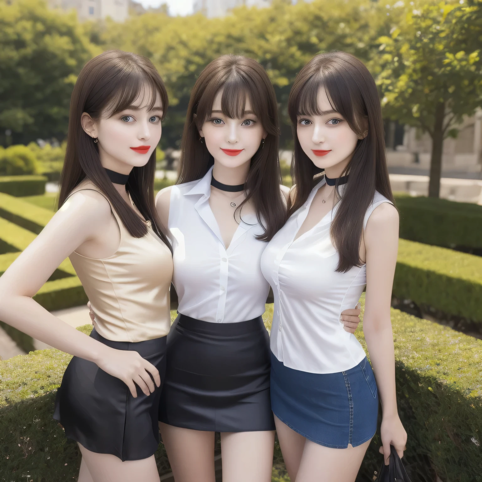100 Girls,Crowded, Long Hair, Brown Hair, Sleeveless, sexy, A line of girls, Girls standing in line, Girls only, Sisters, ((tight silk shirt、mini skirt)),Full body photo:1.9, Adorable, smile, Slim face, The body is slim, Short Brown Hair, 32k, masterpiece, Best image quality,Ultra-high resolution,Perfect hands,Black Choker、blue eyes、bangs、Very profuse and very long eyelashes, Lots of girls、((Big Breasts)), Dependents, Big Breasts, Red lipstick、blue sky、garden