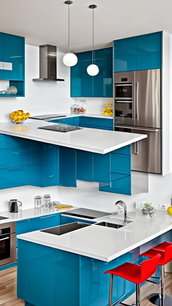 Generate a futuristic kitchen with glossy white cabinets, stainless steel countertops, and LED lighting integrated into the cabinetry. Include a sleek, minimalist island with built-in touch controls, and high-tech appliances with smart home features. The color scheme should include bright white, metallic silver, and accents of vibrant colors like electric blue or neon green. Ensure the entire image depicts a single, cohesive kitchen without being divided into multiple sections.