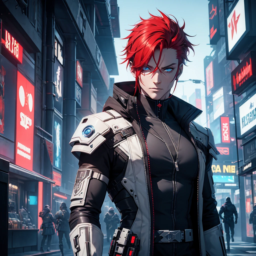a futuristic cyberpunk man with red hair and blue eyes,1 man,detailed cyberpunk outfit,detailed facial features,detailed red hair,detailed blue eyes,cinematic lighting,dramatic camera angle,highly detailed,hyper realistic,unreal engine,8k, masterpiece