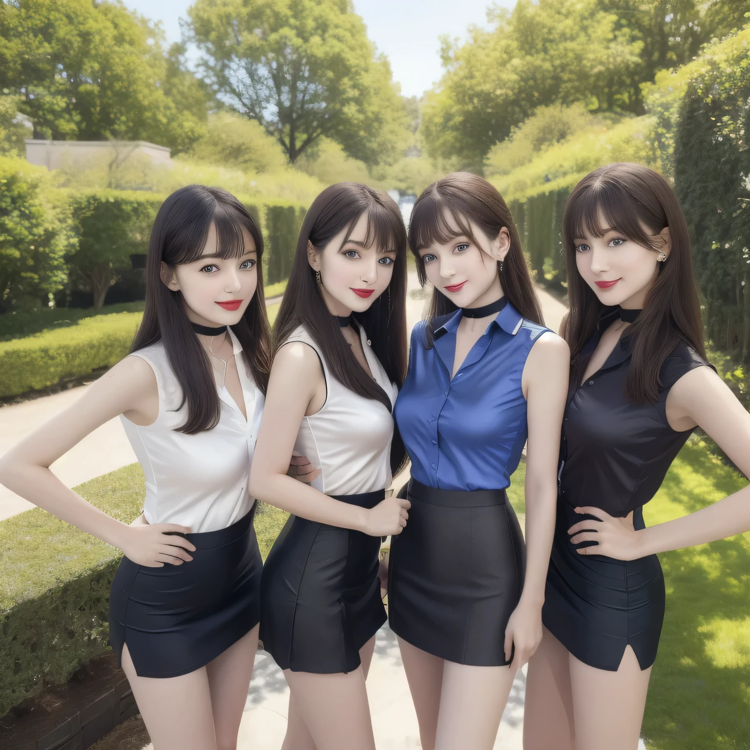 100 Girls,Crowded, Long Hair, Brown Hair, Sleeveless, sexy, A line of girls, Girls standing in line, Girls only, Sisters, ((tight silk shirt、mini skirt)),Full body photo:1.9, Adorable, smile, Slim face, The body is slim, Short Brown Hair, 32k, masterpiece, Best image quality,Ultra-high resolution,Perfect hands,Black Choker、blue eyes、bangs、Very profuse and very long eyelashes, Lots of girls、((Big Breasts)), Dependents, Big Breasts, Red lipstick、blue sky、garden