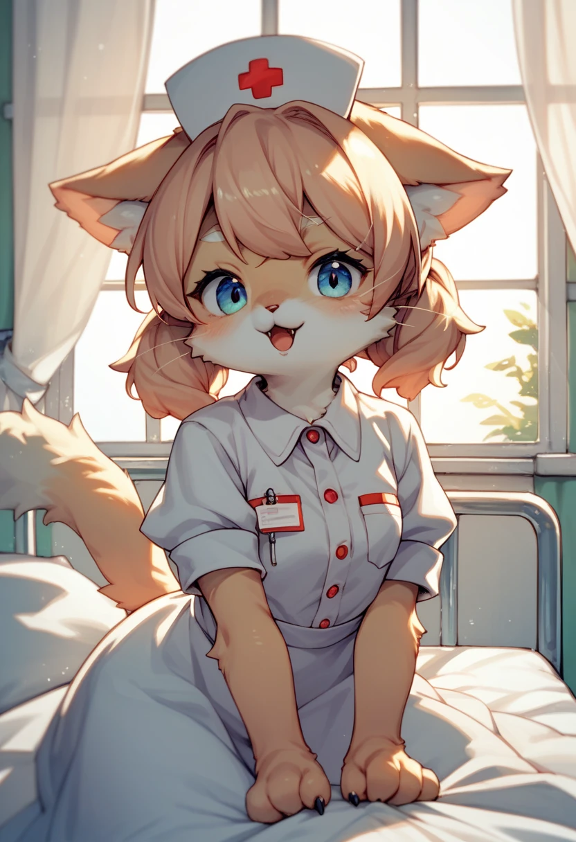 cover page, Cat nurse reaching for me anxiously, Hospital room, White curtains, sunlight, window, nurse's outfit, absurdres, perfect anatomy(kemono, cute girl, solo focus)(furry anthro)(very detailed body fur)