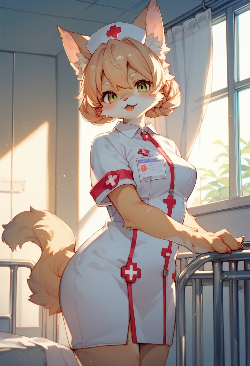 cover page, Cat nurse reaching for me anxiously, Hospital room, White curtains, sunlight, window, nurse's outfit, absurdres, perfect anatomy(kemono, cute girl, solo focus)(furry anthro)(very detailed body fur)