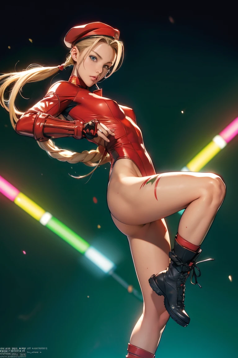 masterpiece, 4K, expensively detailed, Cammy de Street fighter, Looking into the camera, blue eyes, Platinum blonde hair in long pigtails、Small bangs that fall on the forehead。, Titis is cute, Cammy, ((scar on his left cheek)), 軍人に扮した美しいwoman ((Green thong class leotard with a delta red triangle on the left breast)), ((Military Tactical Strela)), (((He is wearing a red military beret on his head.))), Black combat boots and red gauntlets, (His legs are sparsely painted with green camouflage..), Clear bust portrait, Smile at the audience, Extensive detailed information, (Every pixel counts、Draw the most beautiful and detailed art possible:1.1), Analog Style, Bright colors, Symmetric, In the center, close, woman, Physical ability, fit, Tight waist, expensive, Sunburned skin, [(Colorful explosion psychedelic paint colors:1.1)::0.125], Realist body proportions, Realist, photo-Realist, 8K, expensively detailed, LED Light, Laser light,fruit flavored, (Pit Baby:0.5), Shiny,Anatomically correct body, Is doing a kick