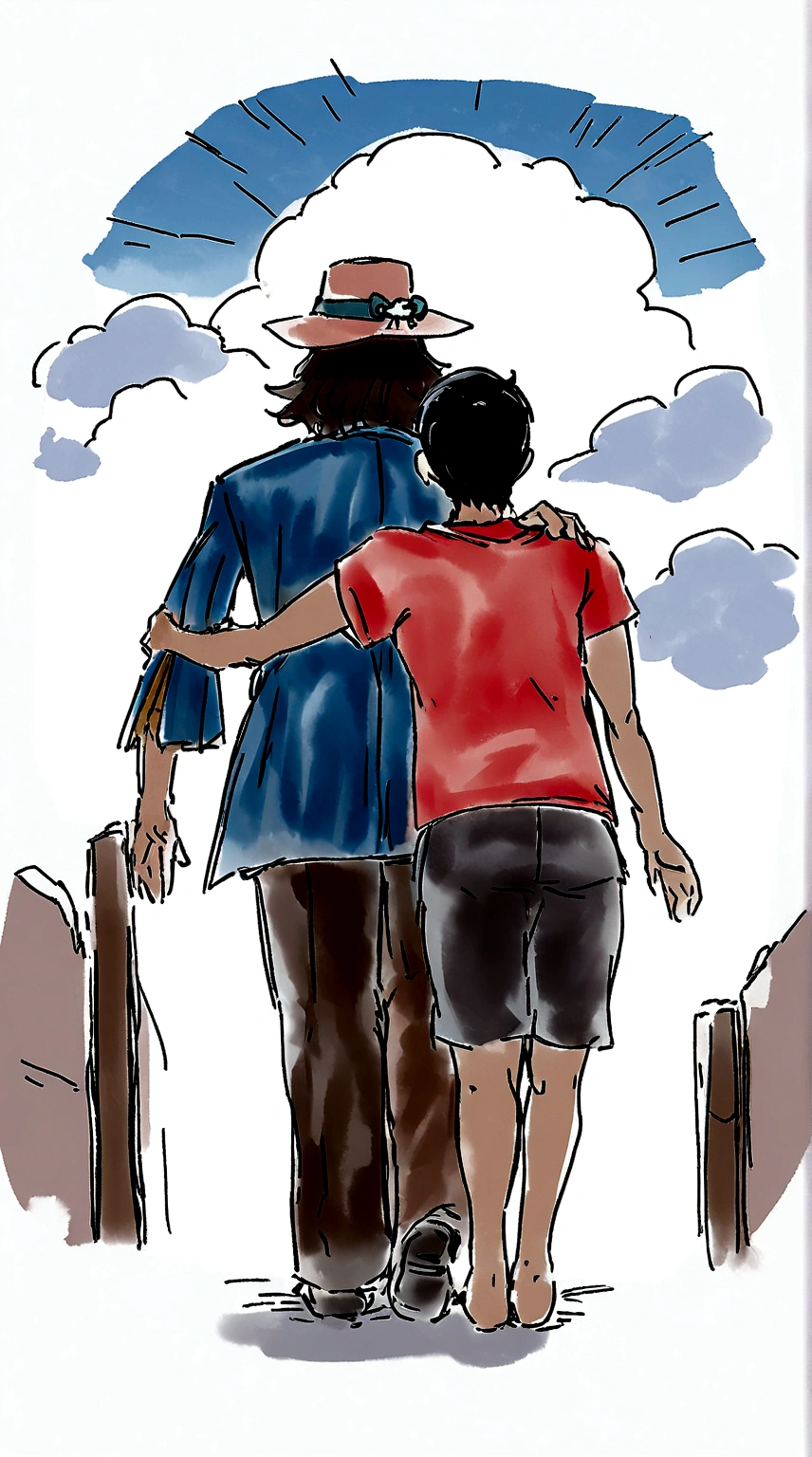 drawing of a man and woman caminhando juntos with a suitcase, caminhando juntos, digitally colored, por Zahari Zograf, by Eugeniusz Zak, color comic, by Fede Galizia, by Shekhar For us, illustration”, illustration!, by Nazmi Ziya Güran, over the shoulder, published art, GOING AWAY, an illustration