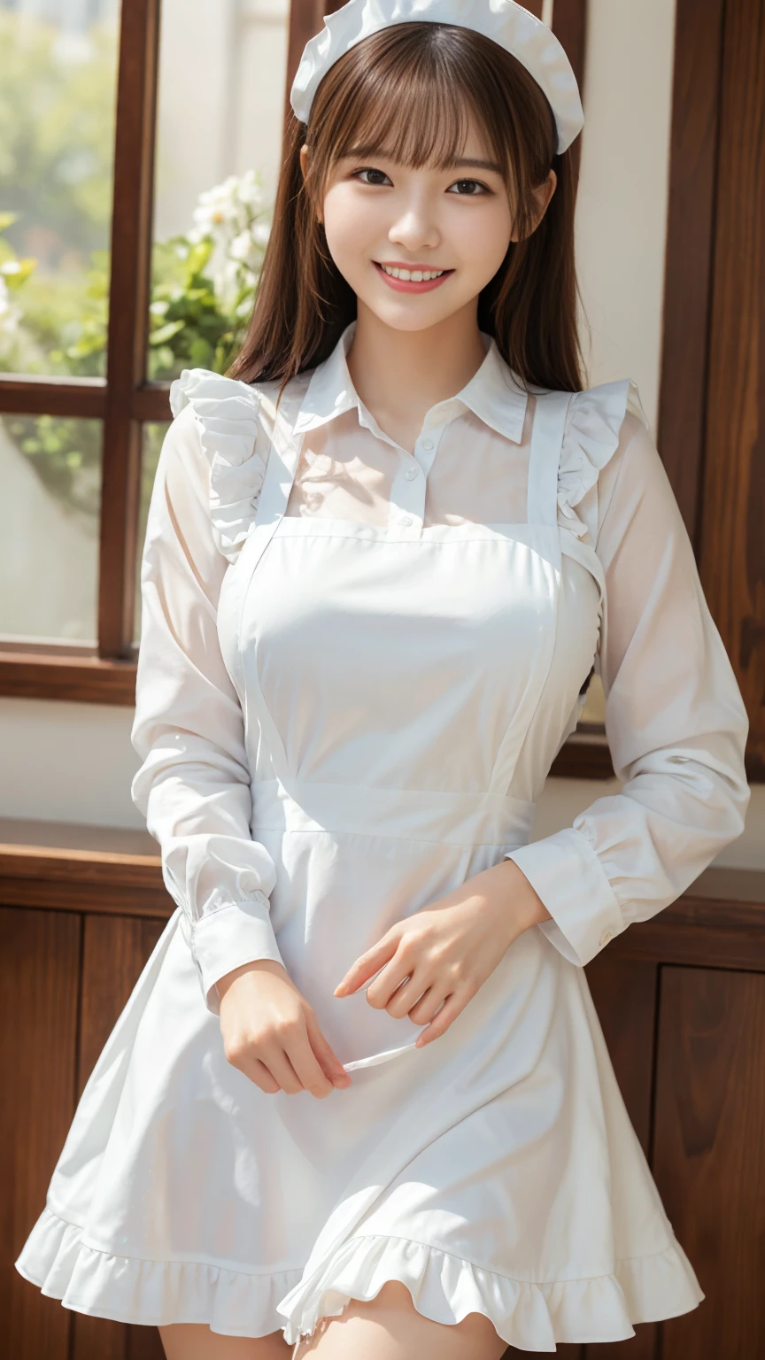 Highest quality, masterpiece, Ultra-high resolution, (Realistic:1.4),Beautiful woman,(Shortcuts),(Big Breasts) ,Beautiful Skin, Fine skin, 魅惑的なsmile, Background blur, smile, (Luxury Long Dress, Her high-quality polka-dot panties are visible from the hem of her dress.:1.3, Long sleeve ruffle, White maid apron, White prim head)