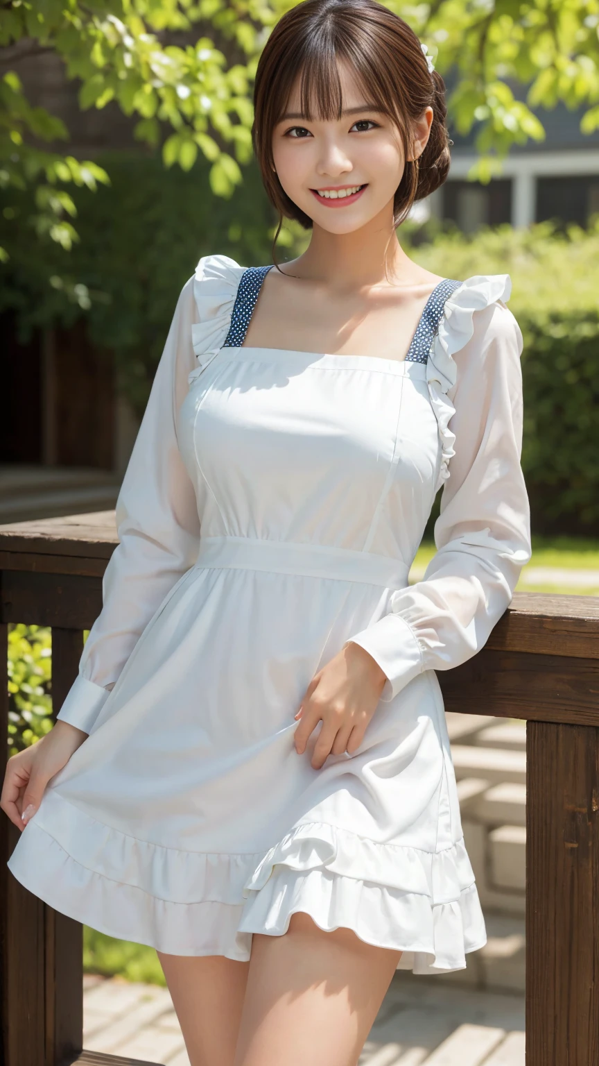 Highest quality, masterpiece, Ultra-high resolution, (Realistic:1.4),Beautiful woman,(Shortcuts),(Big Breasts) ,Beautiful Skin, Fine skin, 魅惑的なsmile, Background blur, smile, (Luxury Long Dress, Her high-quality polka-dot panties are visible from the hem of her dress.:1.3, Long sleeve ruffle, White maid apron, White prim head)