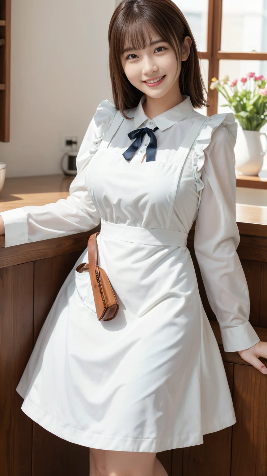 Highest quality, masterpiece, Ultra-high resolution, (Realistic:1.4),Beautiful woman,(Shortcuts),(Big Breasts) ,Beautiful Skin, Fine skin, 魅惑的なsmile, Background blur, smile, (Luxury Long Dress, Her high-quality polka-dot panties are visible from the hem of her dress.:1.3, Long sleeve ruffle, White maid apron, White prim head)