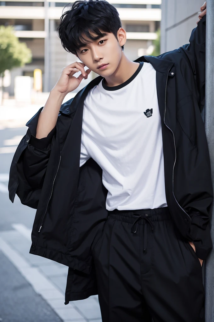 White T-shirt, black jacket, black wide pants, college student, black hair, wolf, male